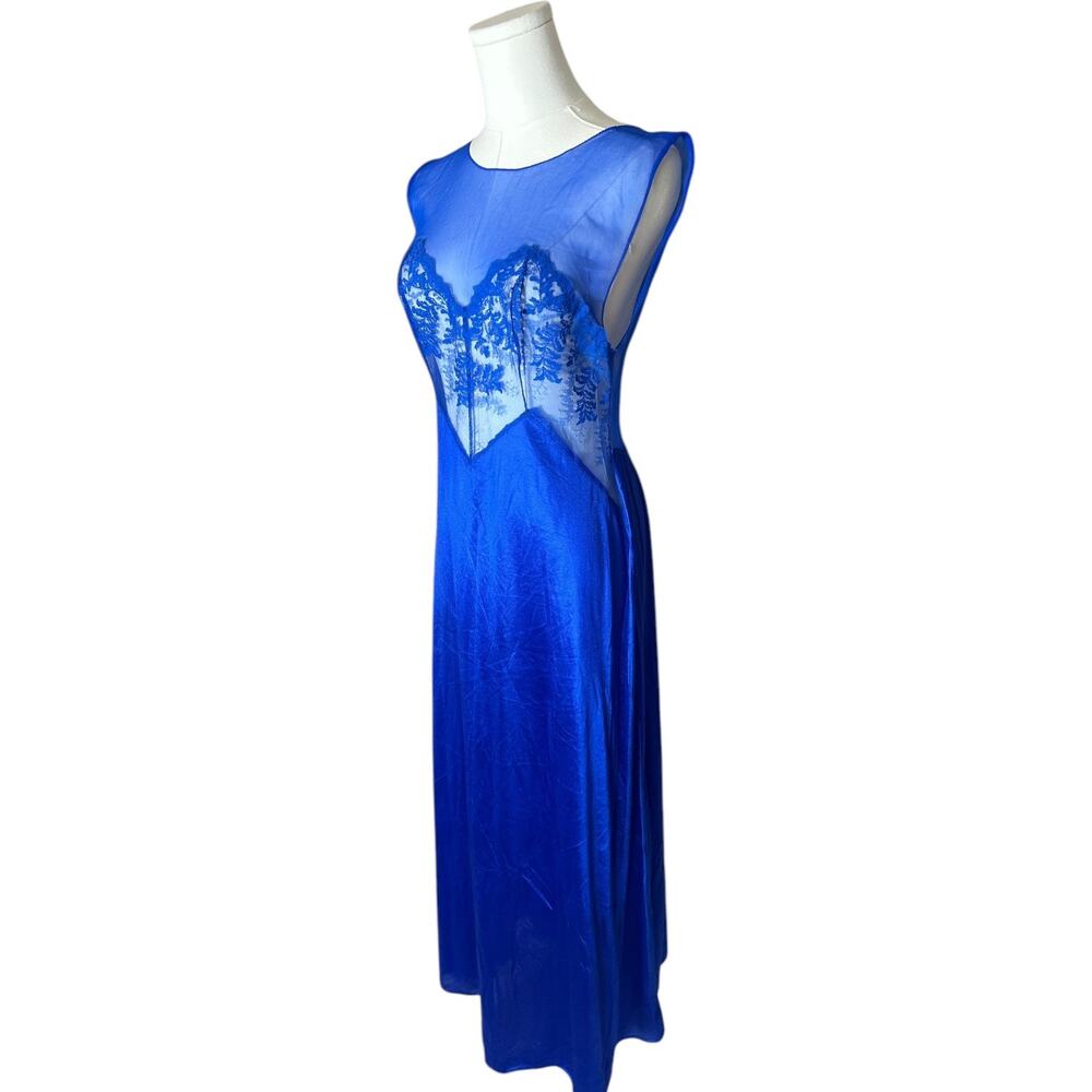 Vintage ValMode Sheer Saphire Blue Nightgown– mesh , Deep V Back – S 133 boudoir